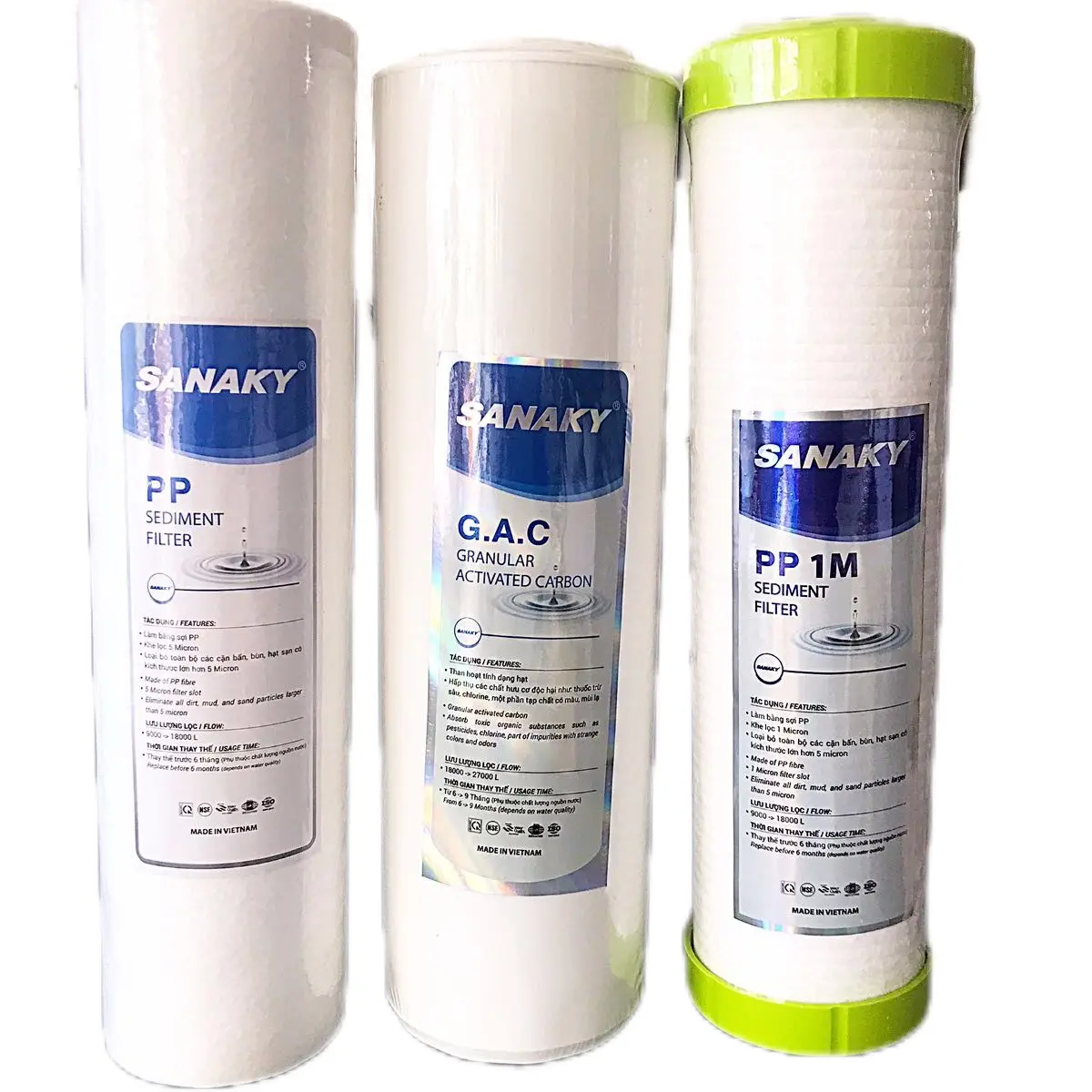 Combo bộ 3 lõi lọc thô SANAKY số 1, 2, 3 dùng cho máy lọc nước. HÀNG CHÍNH HÃNG.