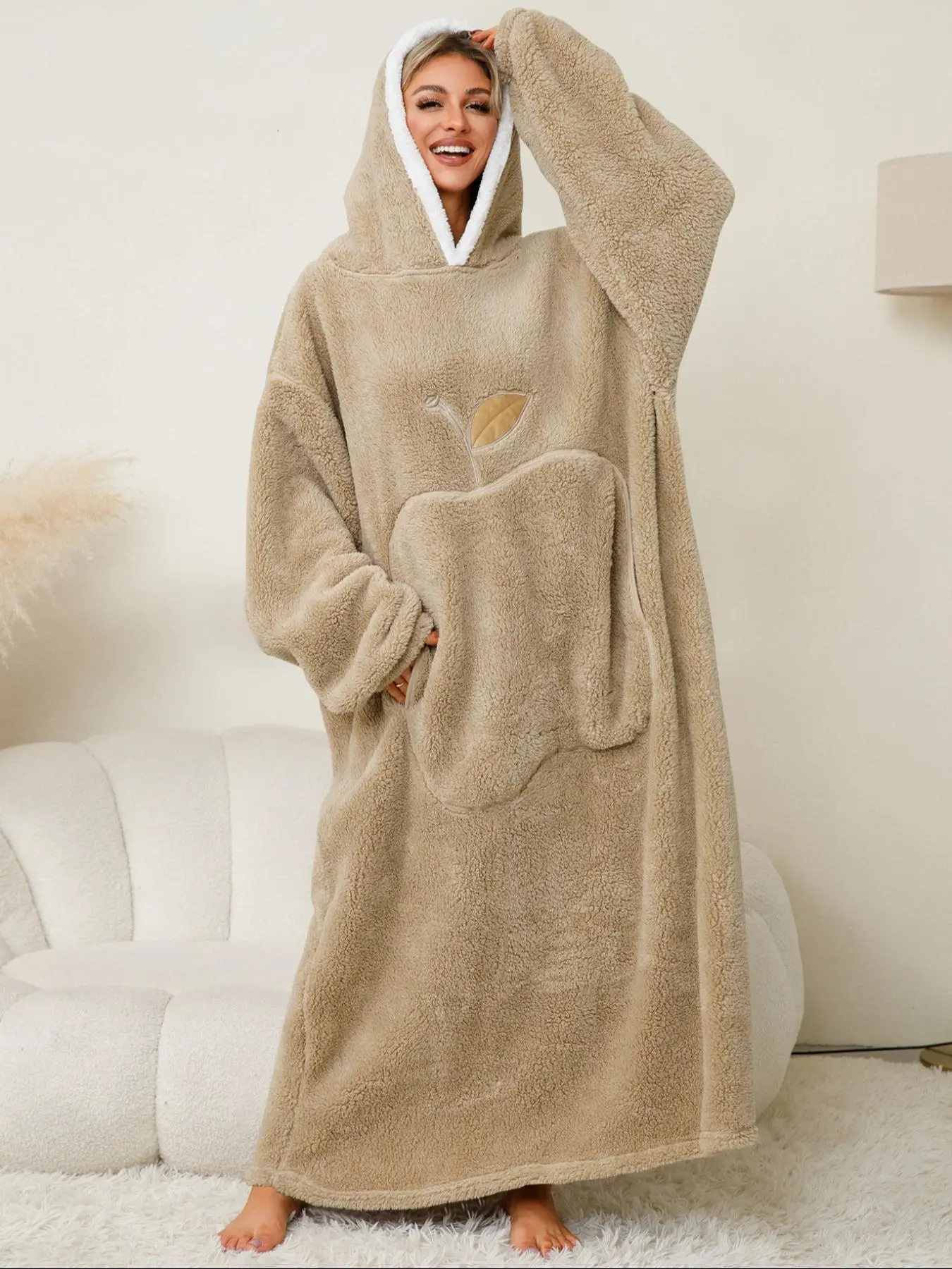 Women's Apple Pattern Drop Shoulder Coral Fleece Hooded Lounge Dress, Casual Long Sleeve Pocket Design Thermal Lined Dress for Fall & Winter, Women's Sleepwear for Indoor Wear
