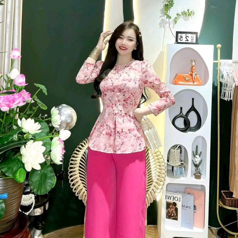 bộ bà ba lụa hoa mango tay dài có dún vai cổ đính hột phối quần lụa tằm ý thiết kế cao cấp Áo Top Voi Kem Sen Hoa Sen