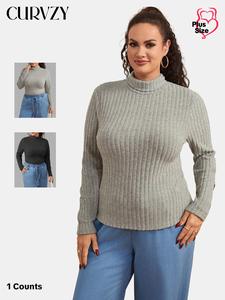 CURVZY Plus Size Solid High Neck T-shirt, Casual Slim-fitting Long Sleeve Top for Spring & Fall, Women's Plus Clothing for Daily Wear