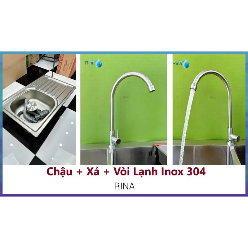 Bồn Rửa Chén Bát Inox 1 Hộc 1 Cánh Rina C08 KT 75x45cm Chậu Rửa Chén Inox 1 hố Kèm Vòi Rửa Chén Lạnh và Bộ Xả Chống Hôi 8