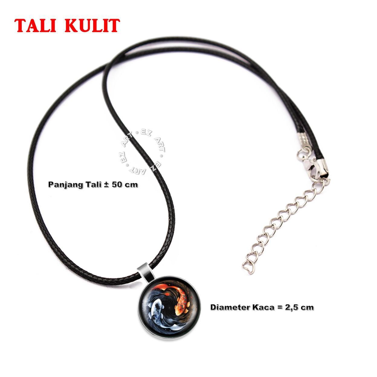 Kalung Liontin Yin Yang Art Kaca Cembung Tali Kulit Rantai Stainless Steel