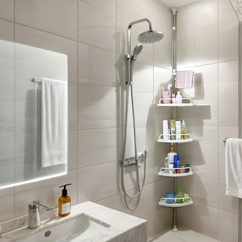 Expandable Corner Bathroom Shelf with 4 Layers, Adjustable Tray and Rotating Towel Bar, Easy Installation without Drilling Holes, Modern White Plastic Wall-mounted Storage Rack for Bath Essentials, Bathroom Accessories and Storage 2