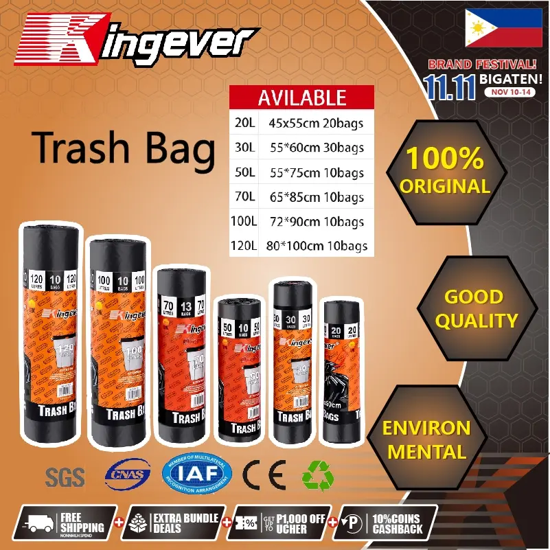 Kingever 2PCS Heavy Duty Extra Thick Drawstring Garbage Bag Black 20/30/5070/100/120L