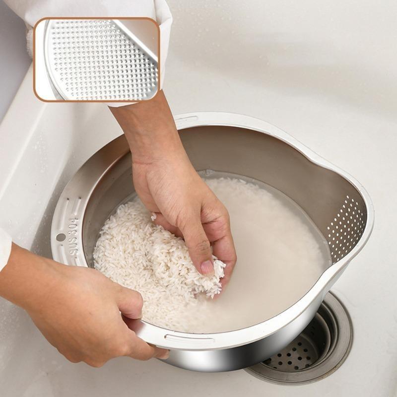 Rice Washer Strainer Bowl with Sucker Stainless Steel Rice Washing Bowls Rice Sieve Colander Fruit and Vegetable Strainer Kitchen Tools 2