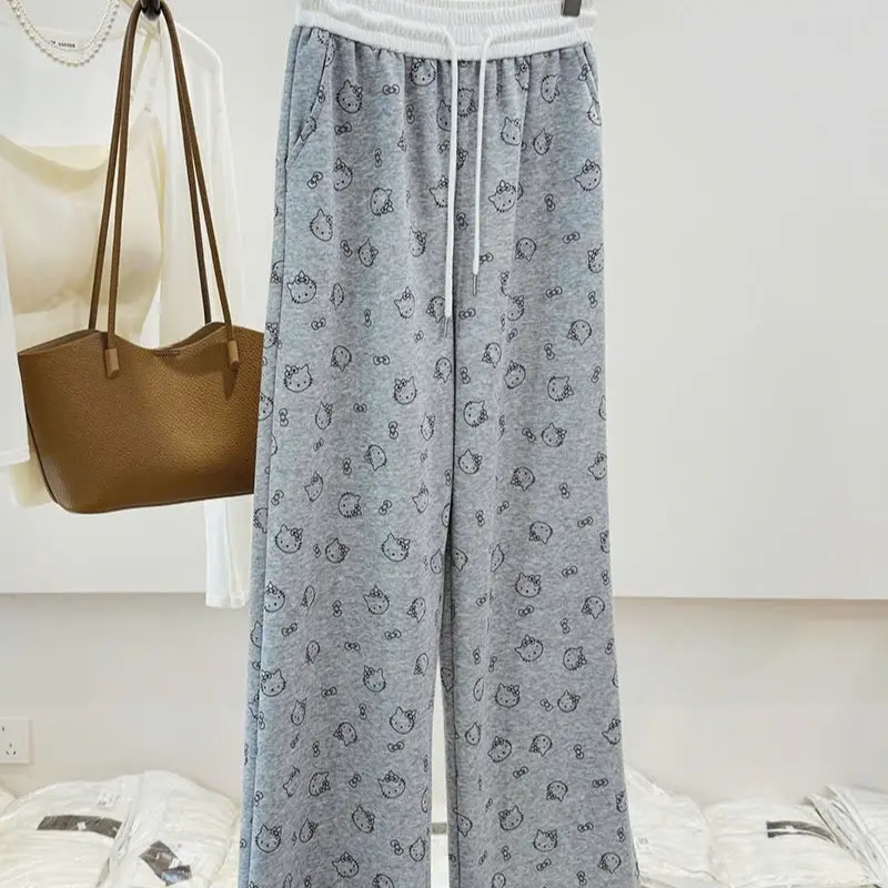 Quần Ống Suông Nữ- Quần Ống Rộng Phối Cạp Cao Chất Nỉ Dày Dặn Hoạ Tiết Mèo Hello Kitty