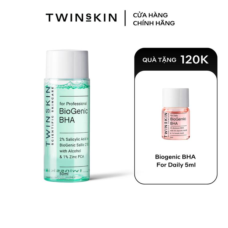 Dung dịch hỗ trợ làm sạch da chết hóa học TWINS SKIN Biogenic BHA For Professional (Xanh) Travelsize 50ml TẶNG Dung dịch BHA For Daily 5ml
