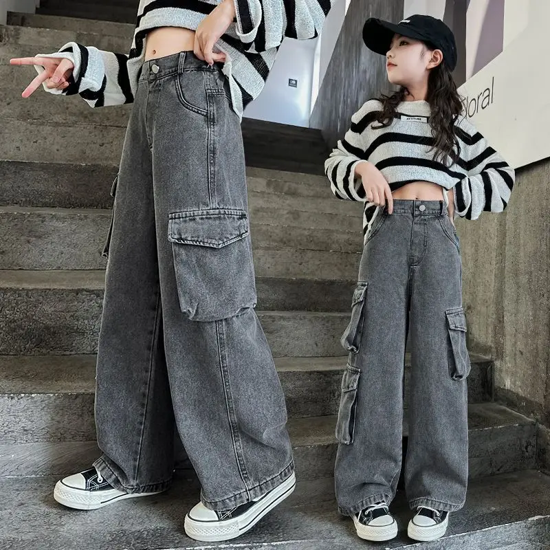 Quần Yếm Denim, Cho Bé Gái, Quần Ống Rộng Mùa Thu, Phong Cách Phương Tây, Quần Thẳng, Cho Trẻ Em Và Trẻ Em Lớn, Quần Người Nổi Tiếng Trên Internet, Tuyệt Vời