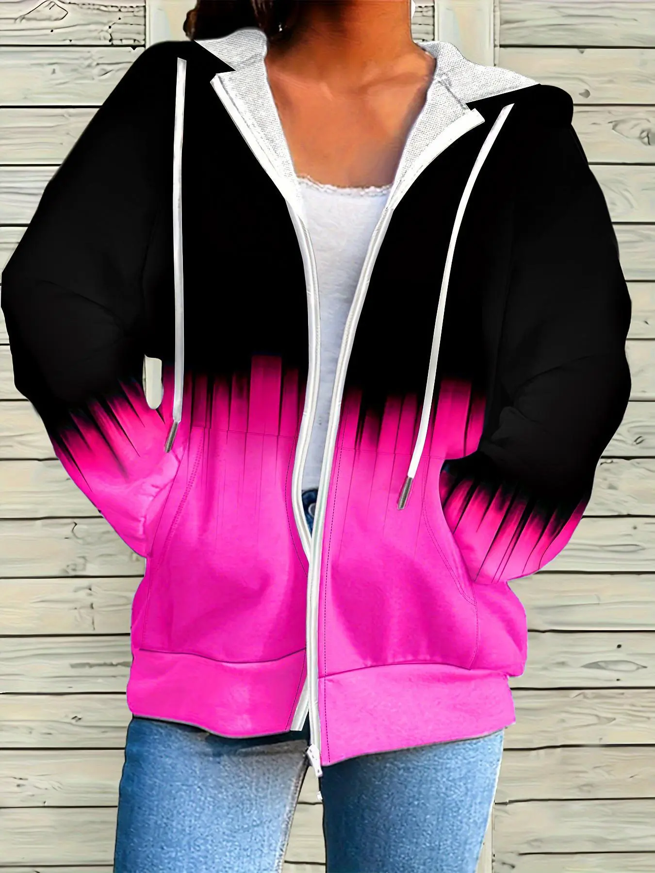 【Plus Size】 Ombre Print Drawstring Zip Up Hooded Jacket, Casual Long Sleeve Pocket Hooded Jacket for Fall & Winter, Women's Clothes for Daily Wear, Trending Clothing Women