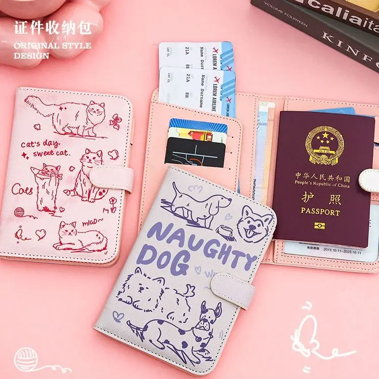 [Store Hot Sale] Denim Golden Retriever Passport Holder Protective Case Multi-Functional Card Holder Portable Travel Couple Storage Air Ticket Document Bag