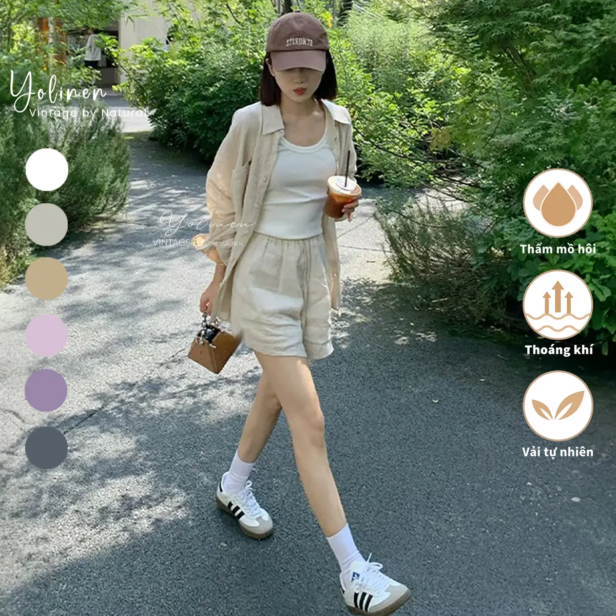 Set Sơ Mi Dài Tay + Quần Đùi Lưng Thun Màu Be Vải Linen Cotton, Outfit Du Lịch, Dạo Phố BSM01