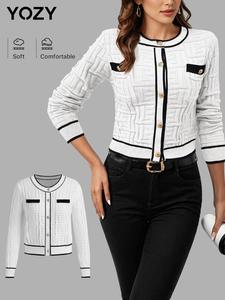 YOZY Women's Contrast Binding Button Front Sweater Cardigan, Casual Textured Long Sleeve Pocket Cardigan, Women Knitwear for Spring & Fall