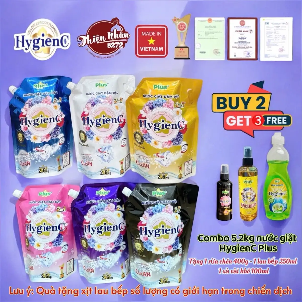 Combo 5, 2Kg Nước Giặt Xả Hygienc Plus+ Việt Nam 2In1 Túi 2Kg6 - [ Tặng Kèm 1 Chai Nước Rửa Chén Hygienc 400Gr & 1 Chai Xịt Vải Khô 100Gr Siêu Thơm & 1 Xịt Lau Bếp Đa Năng ]