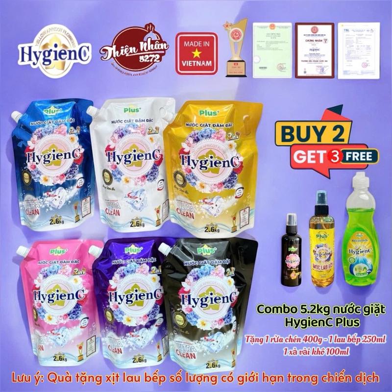 Combo 5,2kg Nước Giặt Xả HygienC Plus+ Việt Nam 2in1 Túi 2kg6 - Tặng Kèm 1 Chai Nước Rửa Chén HygienC 400gr & 1 Chai Xịt Vải Khô 100gr Siêu Thơm & 1 Xịt Lau Bếp Đa Năng