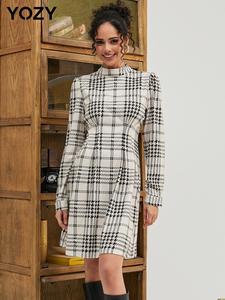 YOZY Women's Plaid Print Button Plicated A Line Dress, Preppy Bishop Sleeve Stand Collar Short Dress for Spring & Fall, Women's Clothes for Daily Wear