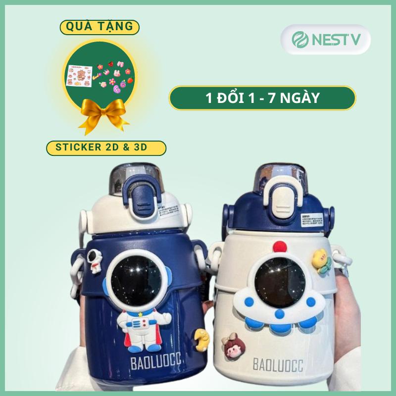 Bình nước giữ nhiệt Phi Hành Gia sáng tạo cho học sinh inox 316 không gỉ có ống hút 850ml, tặng kèm sticker 2D, 3D