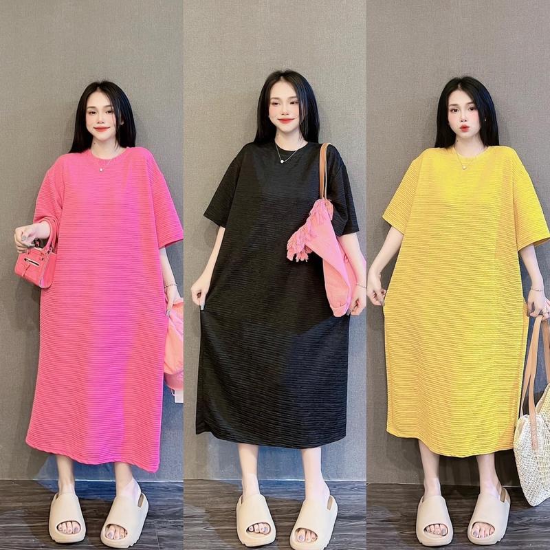 Váy thun xốp suông dáng dài form rộng freesize đầm thun gân trendy Nữ