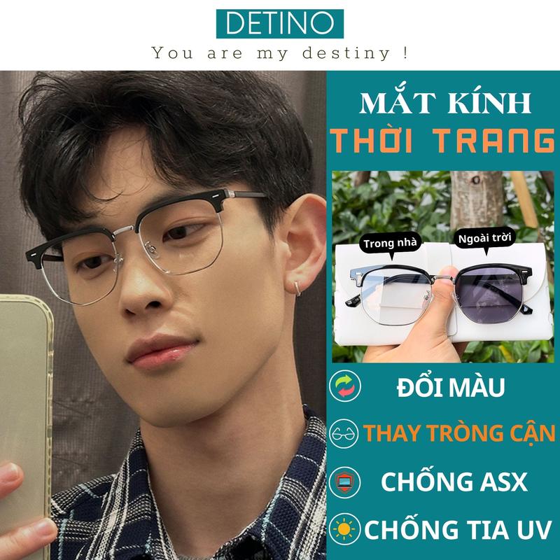 Gọng kính cận nam nữ, mắt kính 0 độ đổi màu thời trang nửa gọng dáng vuông tròn màu trong suốt tặng hộp đựng và khăn lau DETINO KM9