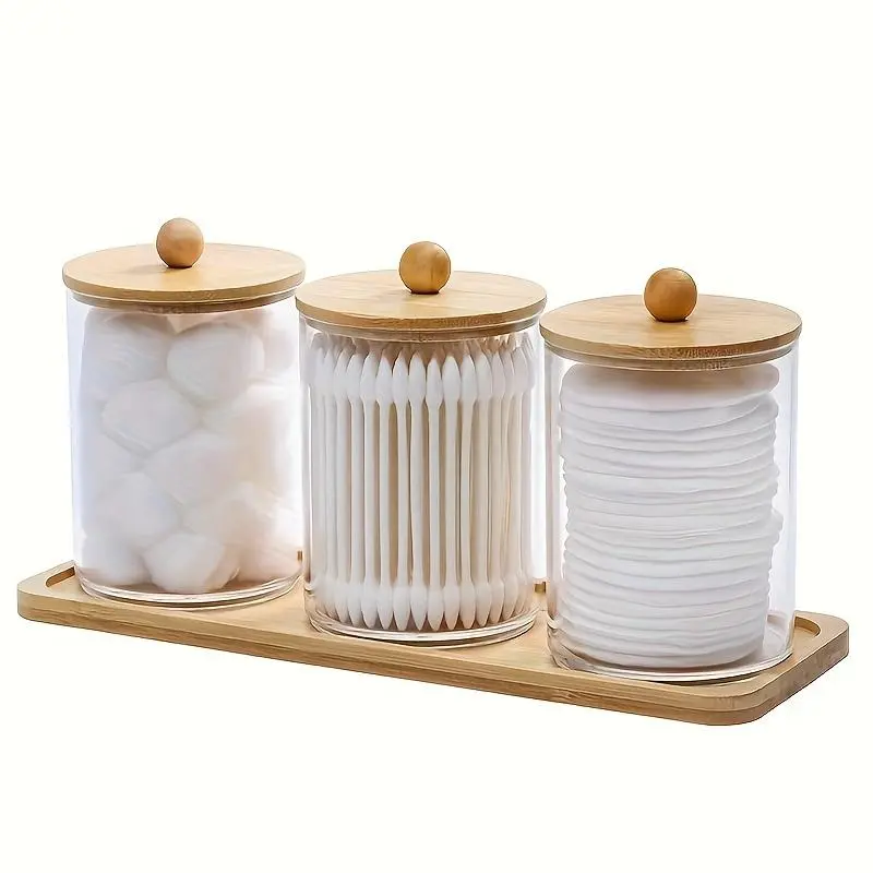 Cotton Swab Storage Bottles with Wooden Lid, Toothpick Storage Bottle with Tray, Bathroom Containers Dispenser, Floss Organizer Canisters 0
