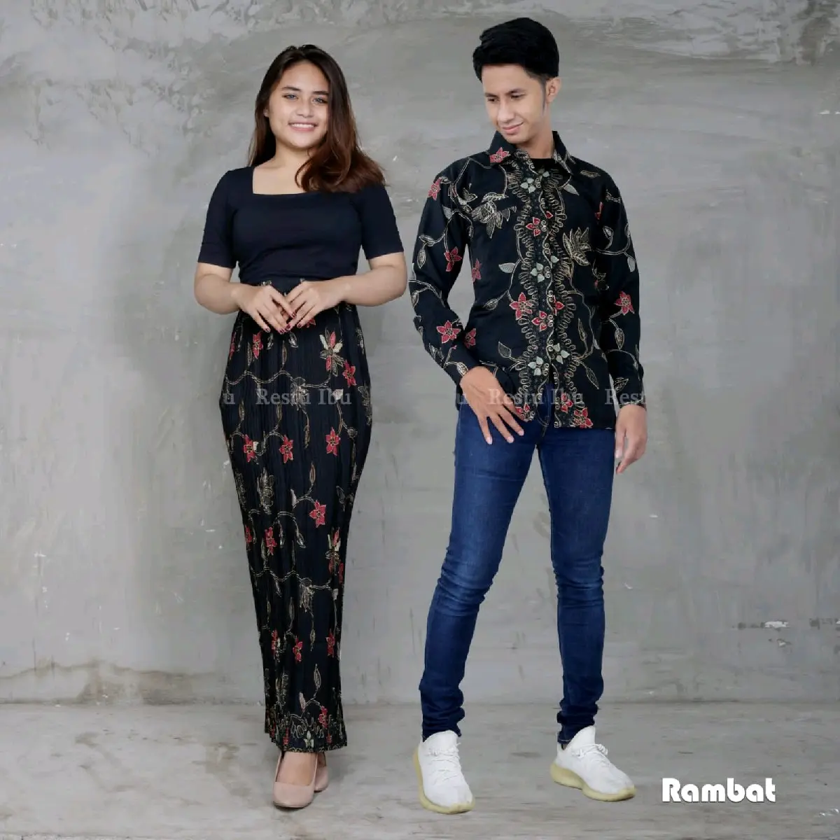 COUPLE KEMEJA BATIK LENGAN PANJANG SET ROK PLISKET BATIK MODERN JUMBO Baju Wanita Pasangan Katun Hitam Setelan Atasan