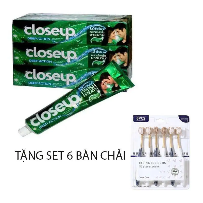 [ GIÁ TẠI XƯỞNG ] COMBO 5 TUÝP KEM ĐÁNH RĂNG CLOSEUPS 160g TẶNG KÈM 1 VỈ 6 BÀN CHẢI THAN TRE