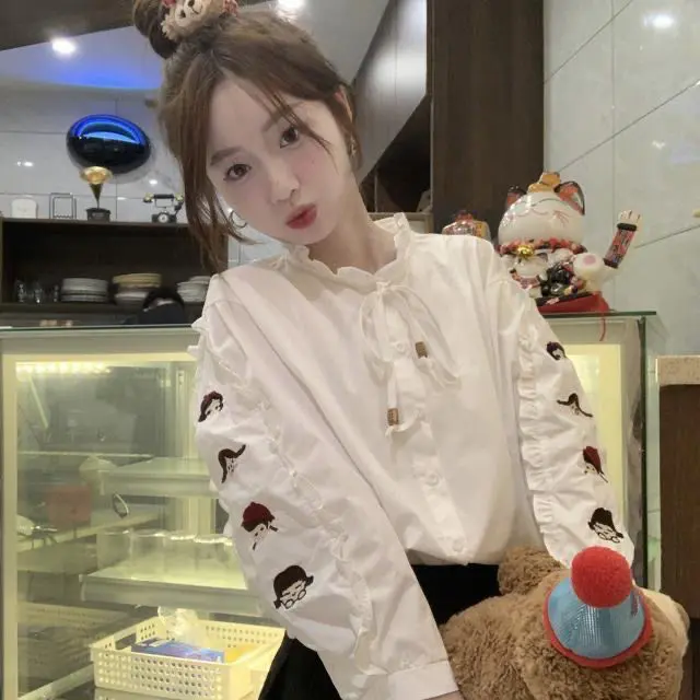 Áo Sơ Mi Họa Tiết Hoạt Hình, Phong Cách Pháp, Tay Áo Dài Nhẹ Nhàng, Quần Áo Mùa Thu Cho Nữ, Vừa Vặn Béo Và Mỏng, Áo Chống Lão Hóa, Thời Trang, Thanh Lịch, Áo Sơ Mi Nhỏ Top Women Tay Loe Shirt