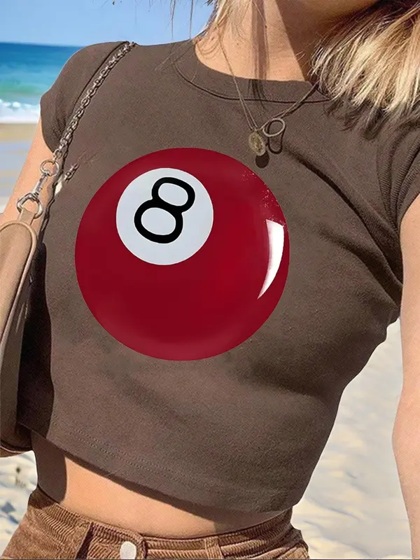 Women's Billiards Print Round Neck Crop Tee, Fashion Casual Crew Neck T-shirt for Daily Holiday Vacation Outdoor Wear, Ladies Clothes for Summer 3