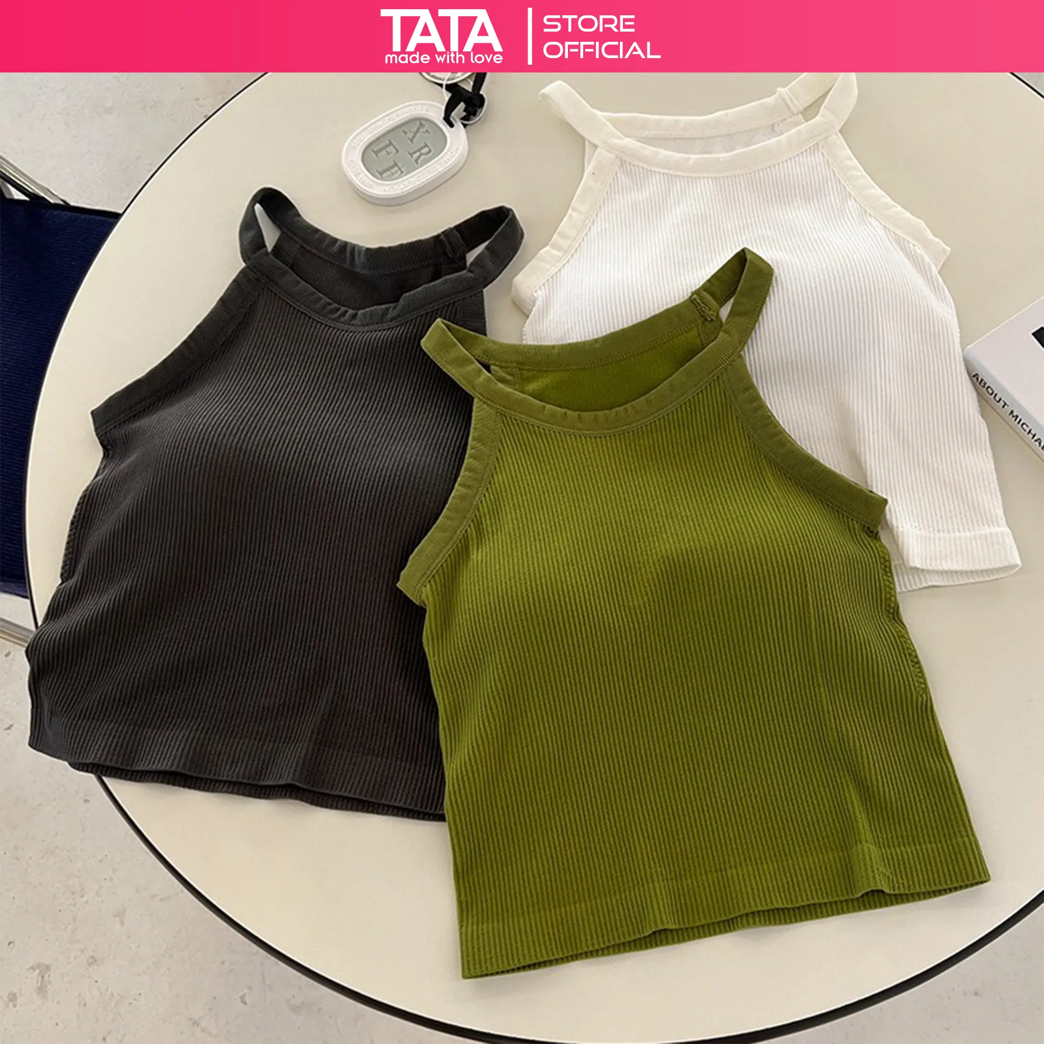 Áo hai dây Nữ croptop KÈM ÁO LÓT, Áo yếm thun tăm co giãn tốt kèm đệm ngực tiện lợi, Chất liệu co giãn tôn dáng Kem mút ngực Women Cổ Tròn Đen Sọc Kẻ Sọc áo croptop cóáotrong