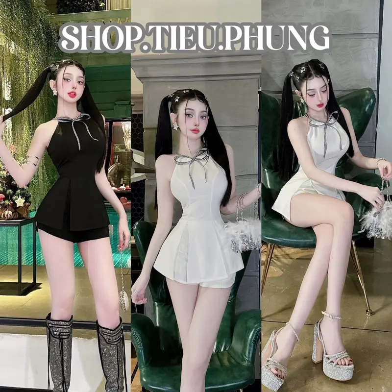 Set áo peplum cổ yếm nơ xẻ tà mix quần short cotton 0