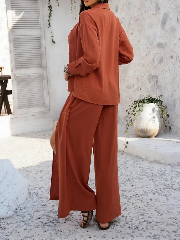 Women's Solid Color Top & Wide Leg Pants Two-piece Set, Casual Long Sleeve Top & Palazzo Pants for Spring & Fall, Women's Clothes for Daily Wear Womenswear Suits 5