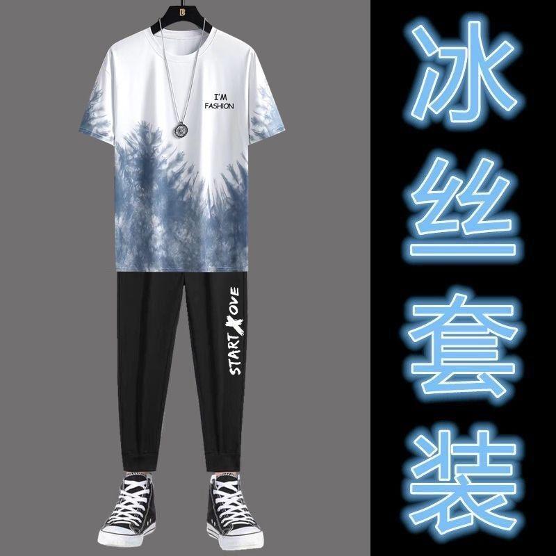 2PCS Men Suit Fashion All-Match Sports Running Fitness Top Pants Thin Casual Sports Suit Ice Silk Short Sleeve New Gradient T-shirt Cropped Pants Casual Pants 3