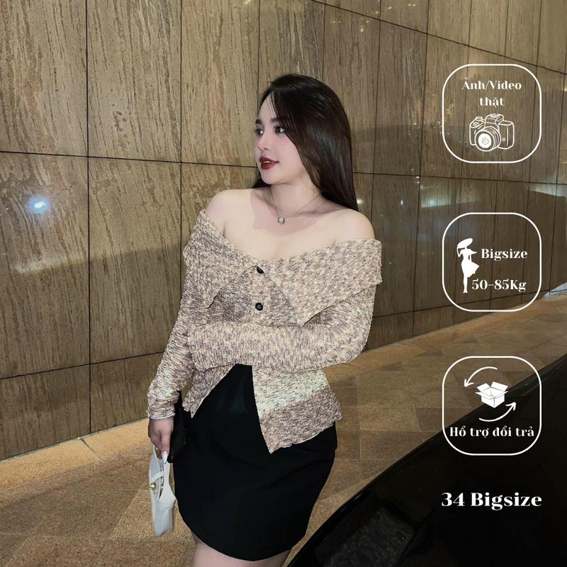 Áo bẹt vai cổ nhọn 34AK028 34 Bigsize, áo thun trễ vai tay dài phối nút chất thun hoạ tiết cao cấp cho nữ bigsize
