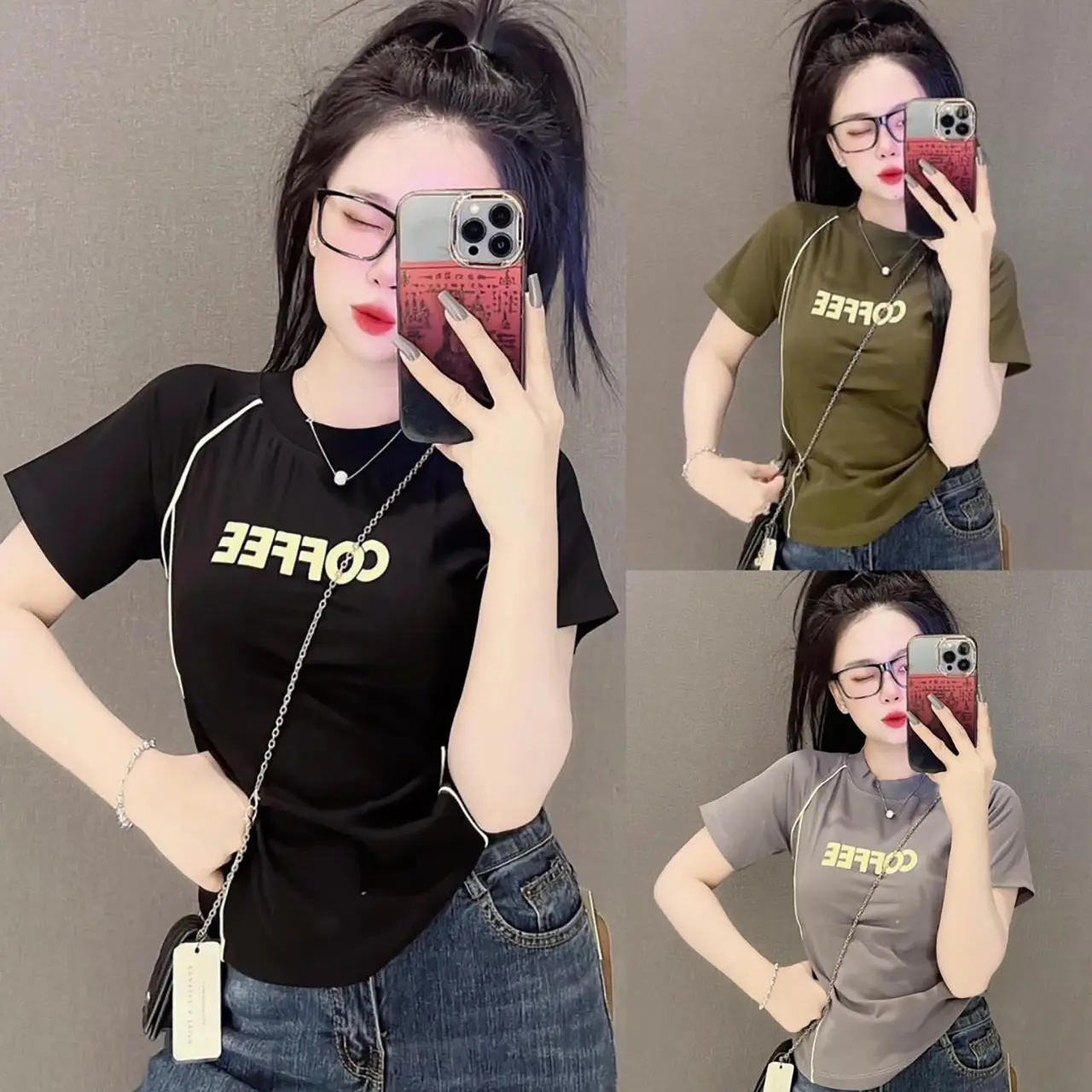 Áo thun chất Borip co giản 4 chiều from áo Baby Tee kiểu dáng ôm phối viền dọc thân eo- Mã Baby Tee in chữ COFFEE Cotton Top Nữ Cổ Tròn