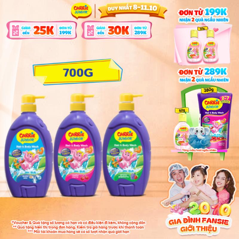 [ĐƠN 199K TẶNG 2 QUÀ] Sữa Tắm Gội cho bé Carrie Junior Hương Cherry/Hương Grapeberry/Tinh Chất Sữa 700g