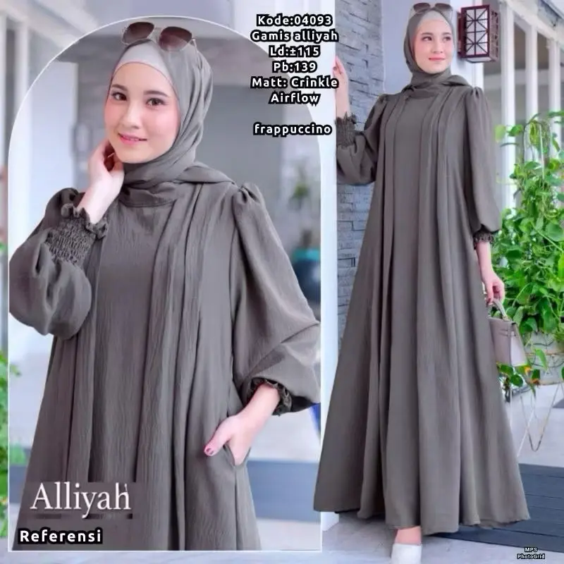 Aliyah Gamis Muslimah Lebaran Bahan Crinkle Airflow Abu-Abu Coklat 4