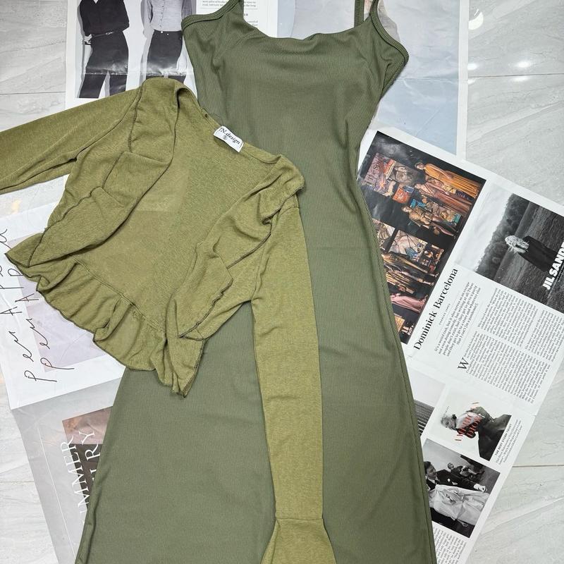  Set đầm váy hai dây dáng dài kèm áo khoát phối bèo Women Nữ 