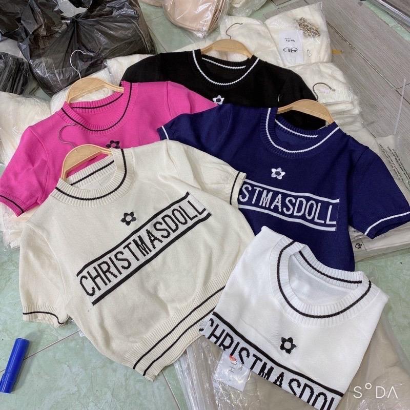 Áo len cộc tay thêu hoa, phối chữ chất mềm mỏng Women Nữ