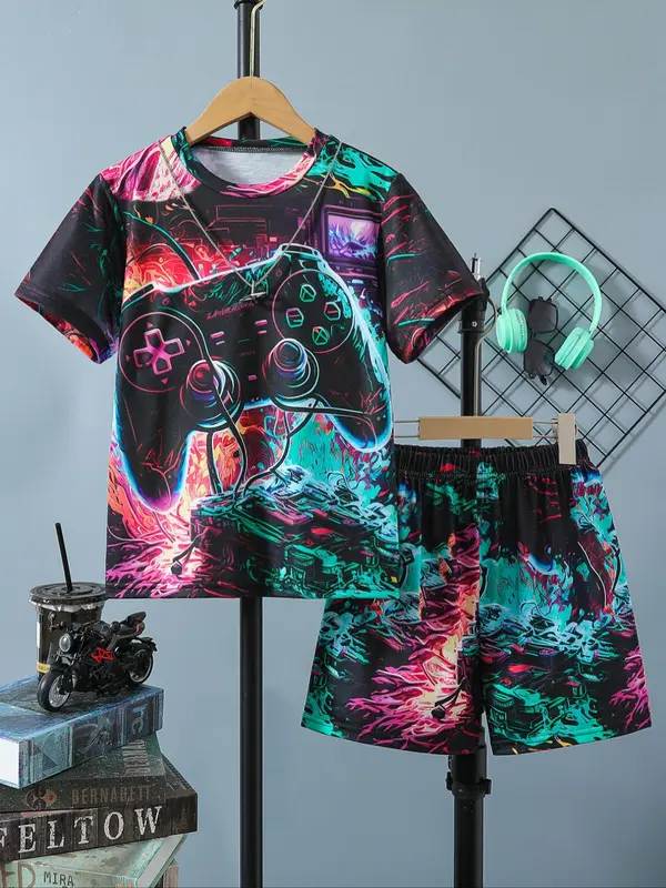 Two-Piece Set Boy's Game Console Print Short Sleeve Tee & Shorts Set, Casual Round Neck T-shirt & Shorts for Daily Wear, Kids Summer Clothes 0