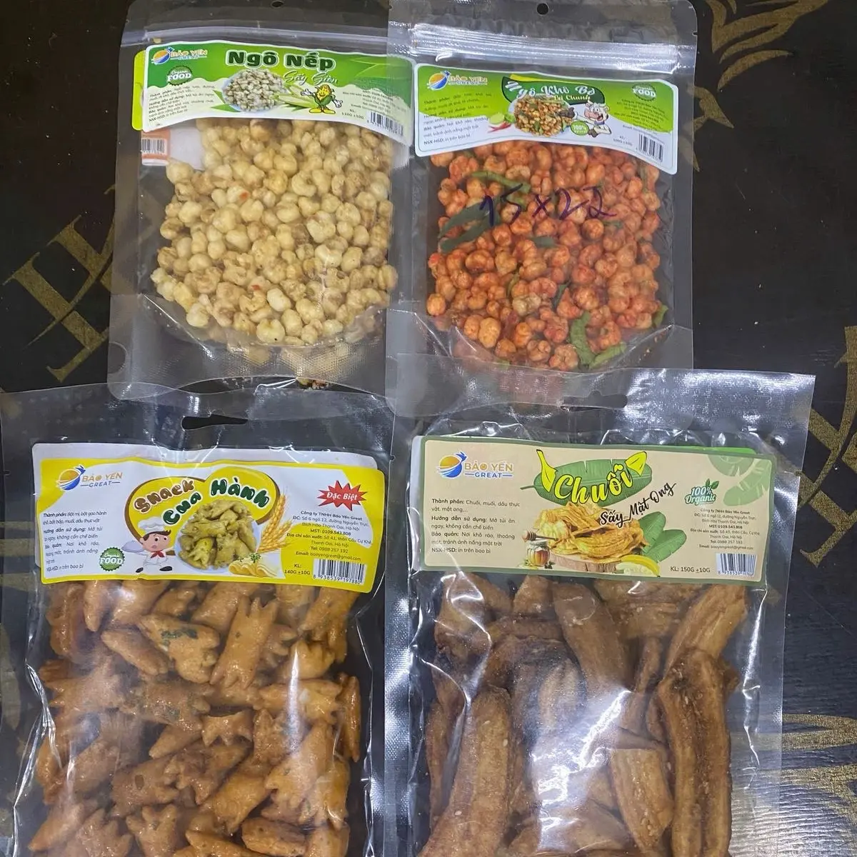 Combo 4 gói ăn vặt Bảo Yến. Ngô nếp sấy giòn, bắp khô bò lá chanh, chuối sấy mật ong, snack cua hành Food