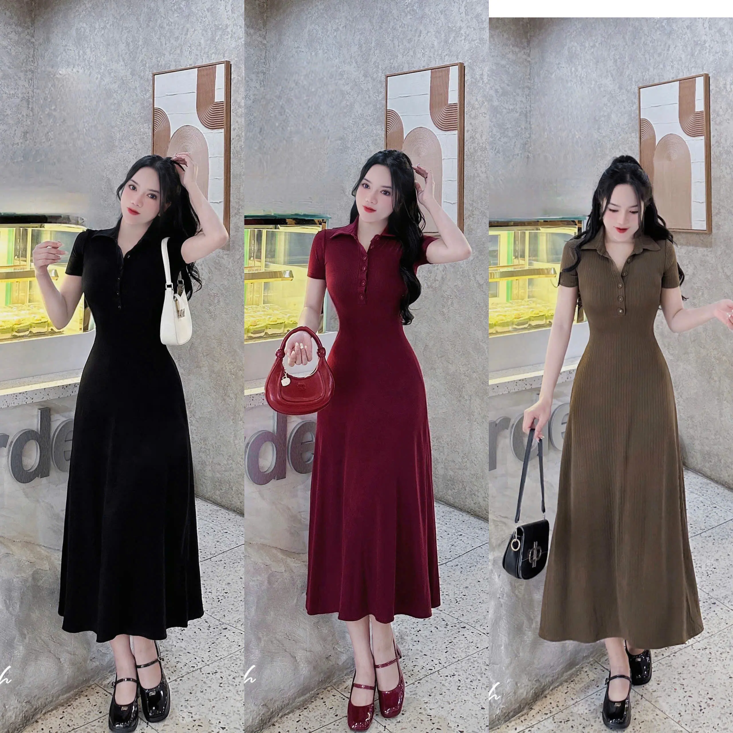 Đầm Thun Tăm Đũa Cổ Bẻ Đính Nút Dáng Dài Ôm Body Tôn Dáng Trẻ Trung Thanh Lịch