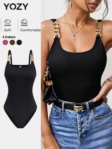 YOZY Women's Chain Decor Scoop Neck Ribbed Bodysuit, Casual Sleeveless Bodycon Bodysuit for Daily Wear, Ladies Clothes for All Seasons