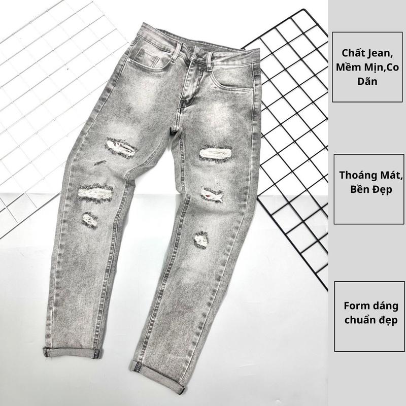 Quần Jean Nam Màu Xám Trằng, Họa Tiết Rách Có Lót Vải, Chất Jean Co Dãn, Thoáng Khí 63 0