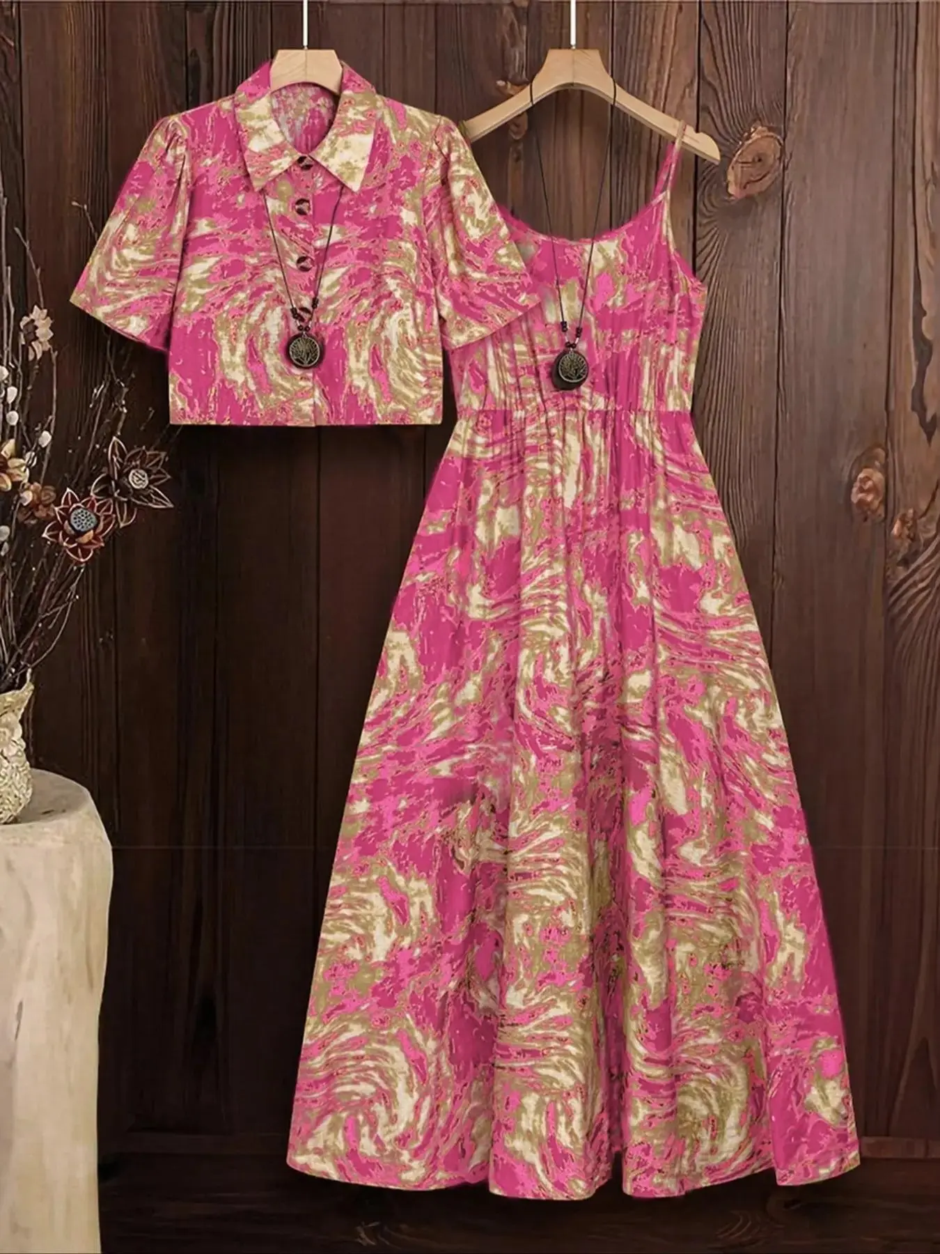 Women's Floral Print Tie Shoulder Cami Dress & Open Front Outwear Two-Piece Set, Casual Fashion Cozy Two Piece for Daily Outdoor Wear, Women Clothes for Summer