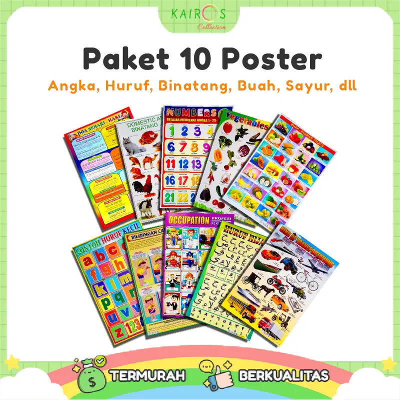 Paket 10 Poster Belajar Anak Edukasi Angka, Huruf, Binatang, Buah, Sayur, Random Motif Karton Sekolah Stationery 0