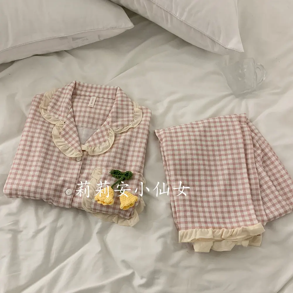 Bộ Đồ Ngủ Hoa Tulip Phong Cách Hàn Quốc Cho Nữ, Mùa Xuân Và Mùa Thu, Internet Mới, Ký Túc Xá Sinh Viên Nóng Bỏng, Quần Dài Ngoài Trời, Đồ Mặc Nhà