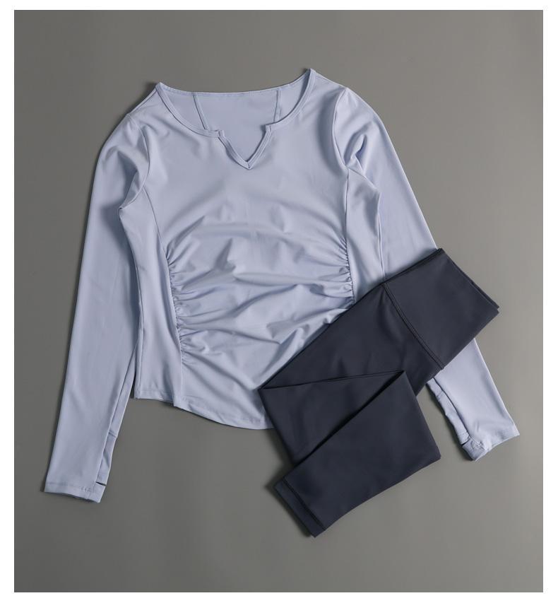 Product Introduction of Loose Breathable Fitness Set + Suitable for Running and Yoga + For Adult Women + Long Sleeve V-neck T-shirt Cover + Features Quick-dry Comfort + Light and Airy 7