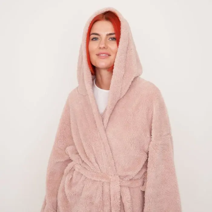 Fluffy Teddy Hooded Dressing Gown - Blush 3