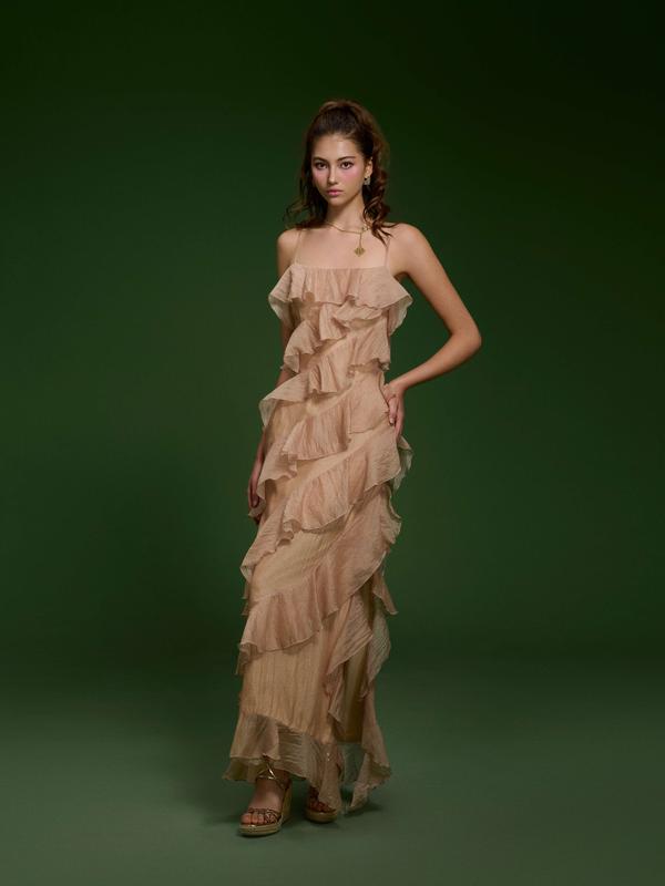 Váy dài hai dây tơ lụa xếp tầng màu nâu - Isabella Dress 2