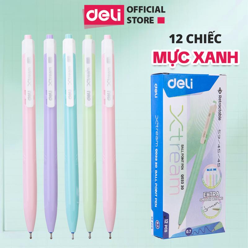 Hộp 12 chiếc Bút bi bấm văn phòng mực xanh ngòi 0.7mm Deli giá rẻ viết nét đều trơn tru phù hợp cho học sinh sinh viên người đi làm