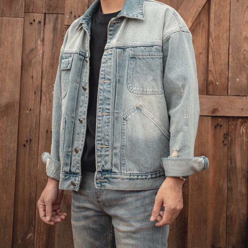 Áo khoác jean denim màu xanh wash bụi bặm vintage fom crop Menswear Nam Rách Jacket Có Cổ